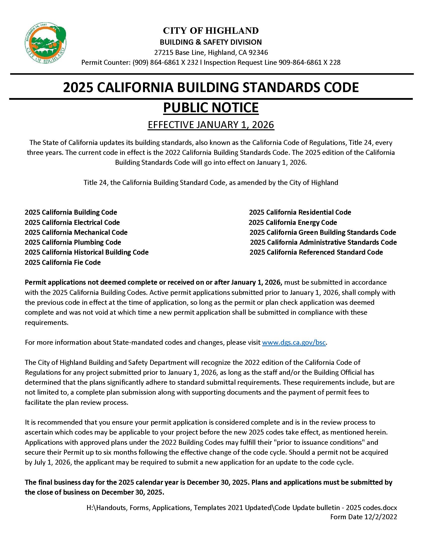 Code Update bulletin - 2025 codes